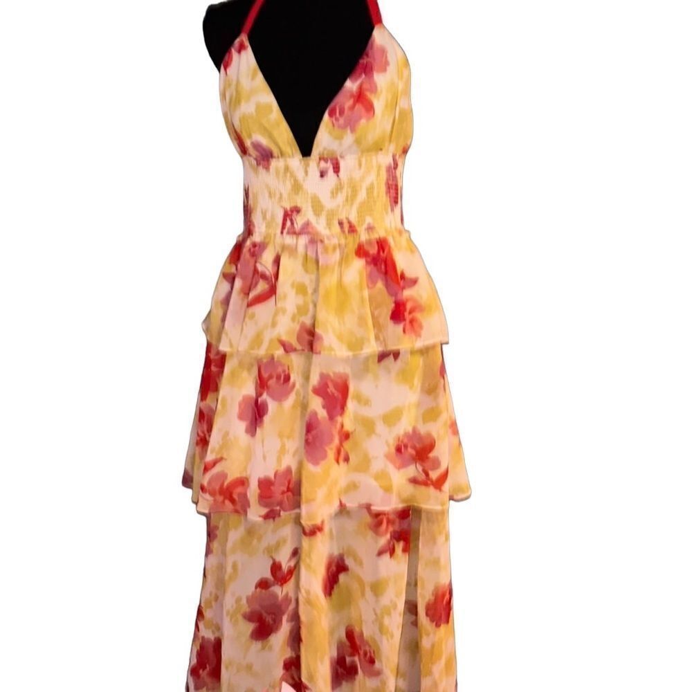 4SI3NNA SUMMER dress size M ruffled tiers ties at shoulders red/yellow like new